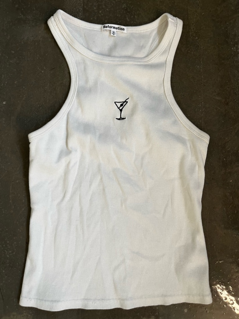 Reformation White Ribbed Tank with Martini Motif